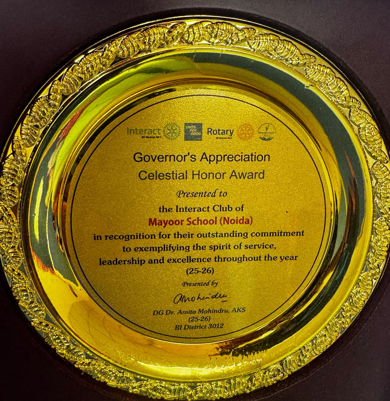 Interact Club Receives Celestial Honour Award
